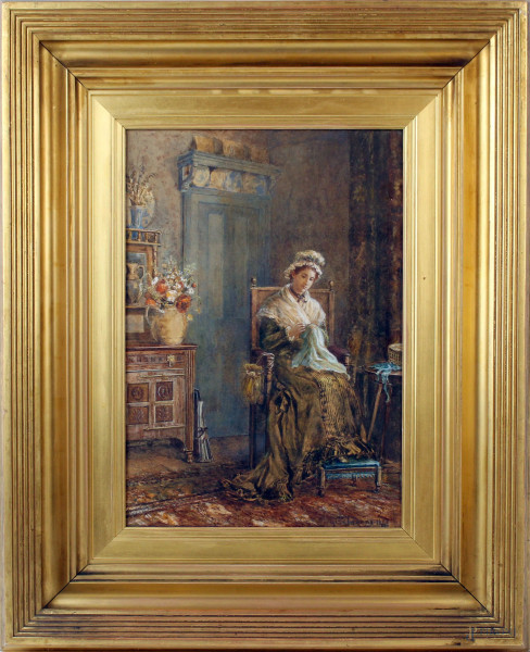 Interno con donna che ricama, acquarello su cartone, cm 34x48,  firmato  e datato G.Induno 1887, entro cornice.