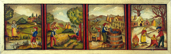 Lotto di quattro tavolette in legno raffiguranti le quattro stagioni, ingombro totale cm 13x41,5, XX secolo, entro un'unica cornice.