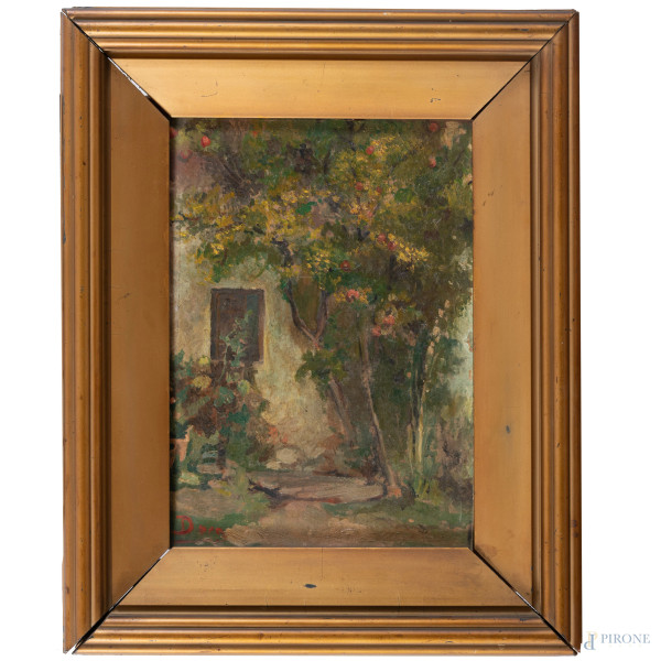 Esterno di casa con albero, XX secolo, olio su cartone, cm 30x20,5, firmato in basso a sinistra, entro cornice, (cartone imbarcato, abrasioni, piccole cadute di colore)