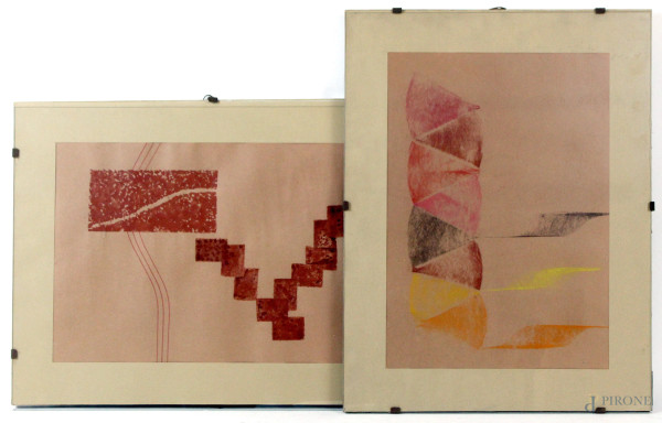 Lotto di due composizioni astratte, tecnica mista su cartoncino, cm 34x24, XX secolo, entro cornici.