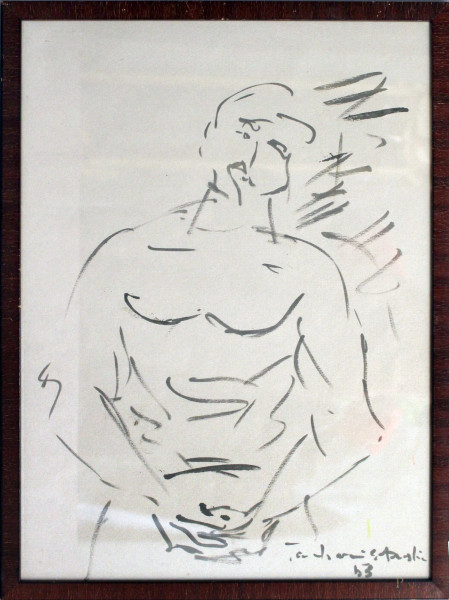 Figura d&#39;uomo, disegno su carta firmato e datato, cm 45 x 33, entro cornice.