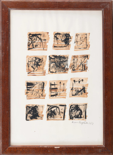 Rino Vaghetti, Composizione, stampa ritoccata, cm 48x33, firmata e datata 1977 in basso a destra, entro cornice, (segni di usura, ondulazioni della carta)