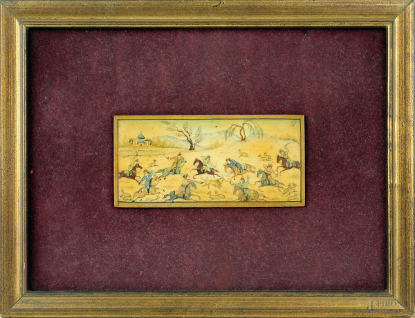 Antica miniatura persiana raffigurante scena di caccia, cm 5x11, entro cornice