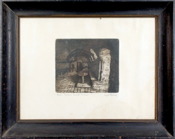 Augusto Baracchi - Incisione raffigurante interno, cm. 47x35, entro cornice.