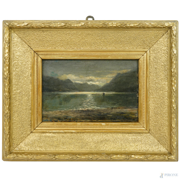 Paesaggio lacustre, olio su tavola, firmato, cm 16,3x26,1, entro cornice