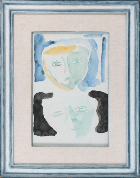 Virgilio Guidi (1891-1984), Coppia di volti, tecnica mista su carta applicata su tela, cm 47x31,5, firmato e datato "71" in basso a destra, entro cornice, (lievi tracce di umidità)