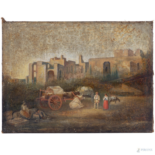 Coppia di paesaggi con figure e armenti, XIX secolo, olio su tela, cm 45,5x62, (craquelure, sollevamenti e cadute di colore)