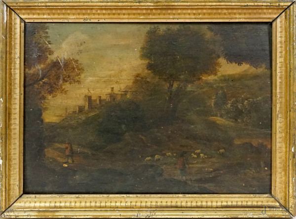 Scuola italiana del XVIII secolo, Paesaggio con viandante e pastore, olio su tavola, cm 28,4x41, entro cornice