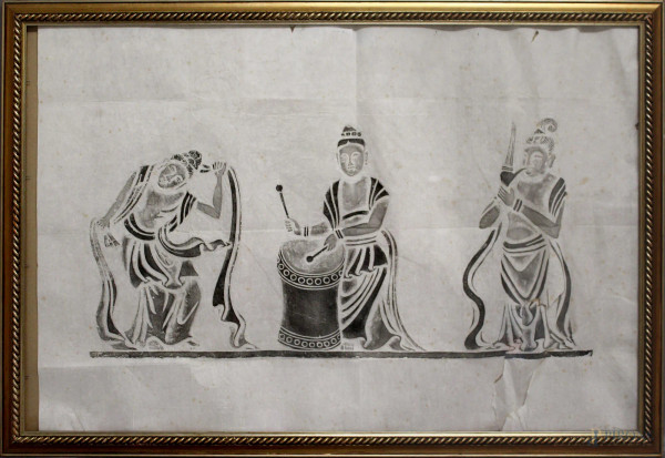 Figure musicanti, incisione su cartariso, arte orientale, cm 54 x 84, entro cornice.