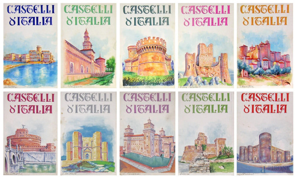 Lotto composto da dieci illustrazioni raffiguranti castelli d'Italia, tecnica mista su carta, cm 11x17 ciascuno 