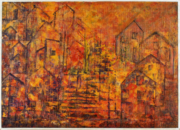 Paesaggio con case, olio su tela, cm 49,5x69,5, anni '70, entro cornice.