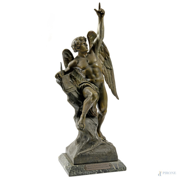Emile Louis Picault (Parigi, 1833 - Parigi 1915), Il genio umano, scultura in bronzo dorato, XX secolo, altezza cm 54,5, (difetti)