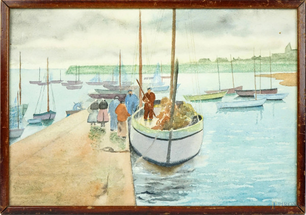 La barca al molo, acquarello su carta, cm 26x38, XX secolo, entro cornice.
