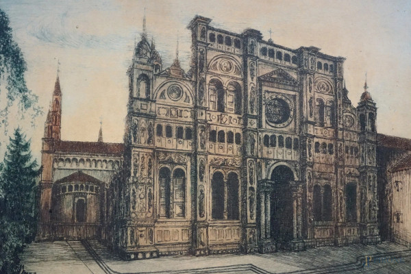 La Certosa di Pavia, stampa acquerellata, cm 27x37 circa, firmata, entro cornice.