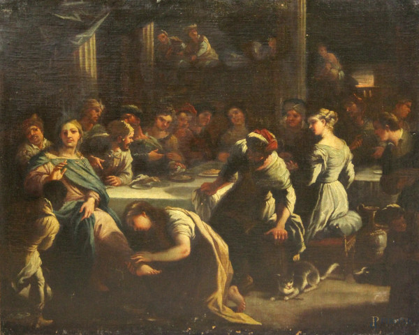 Pittore del XVIII, Cena a casa di Simone il Fariseo, olio su tela 81x99 cm.