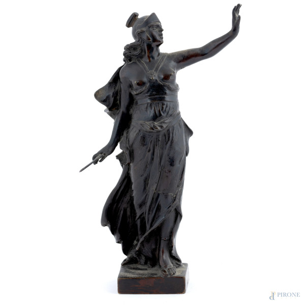 Minerva, XX secolo, scultura in bronzo, altezza cm 22, (segni di usura, rotture, mancanze)