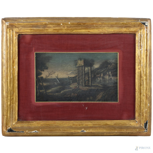 Capriccio, XIX secolo, olio su tela, cm 21x34,5, entro cornice, (segni di usura, difetti, sollevamenti di colore)