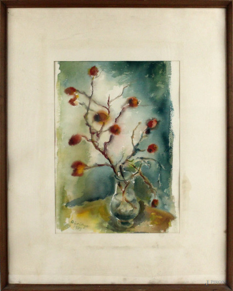 Vaso con fiori, acquarello su carta, cm 37x27, firmato Duringer, entro cornice
