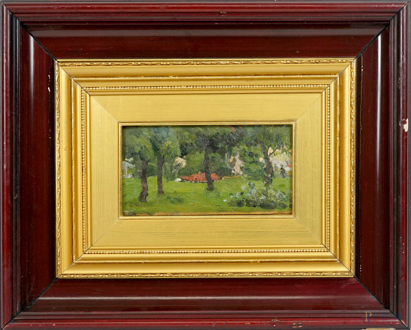 Nel parco, olio su tavoletta, cm 10x19.5, firmato Villani, entro cornice