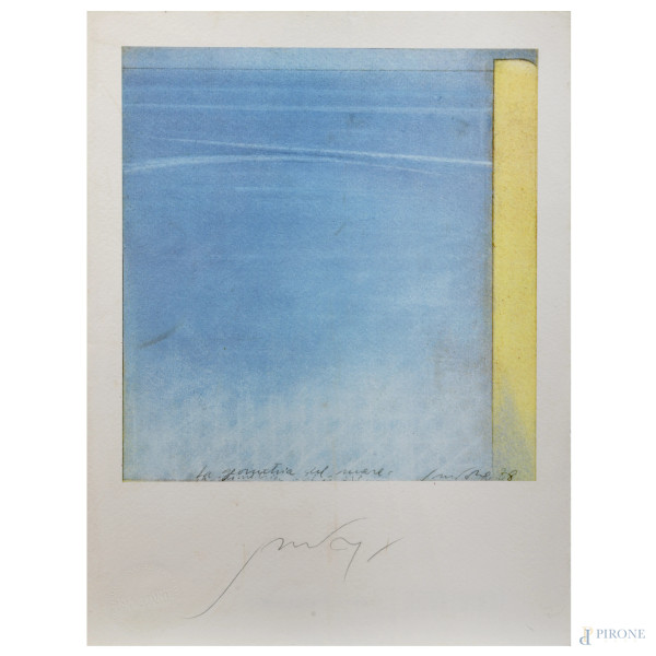 Riproduzione fotolitografica dell'opera di Piero Guccione "Geometria", eseguita per la serie Le sette Arti Liberali di Bolaffi Arte, cm 28x20