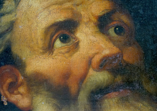 Pittore toscano tra XVII-XVIII secolo, San Pietro, olio su carta applicata su tela, cm 42x34, ent...