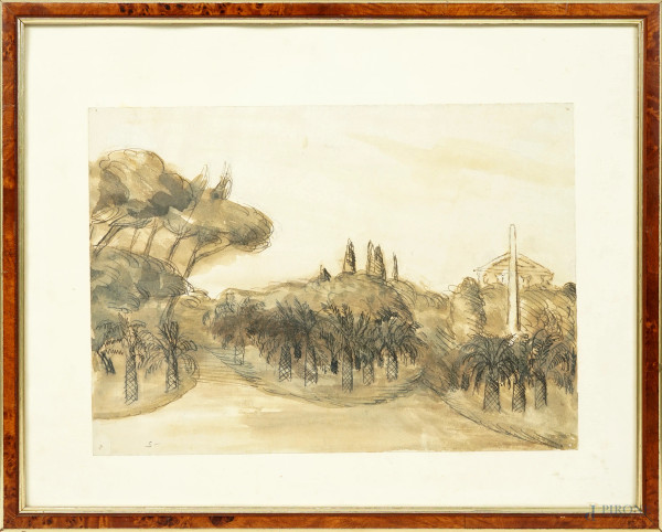 Villa Torlonia, inchiosto acquerellato su carta, XX secolo, cm 24x33, entro cornice