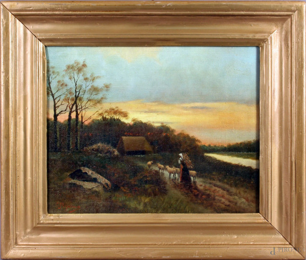 Paesaggio fluviale con pastorella e gregge, olio su tela riportata su compensato, cm. 29x37, firmato entro cornice.