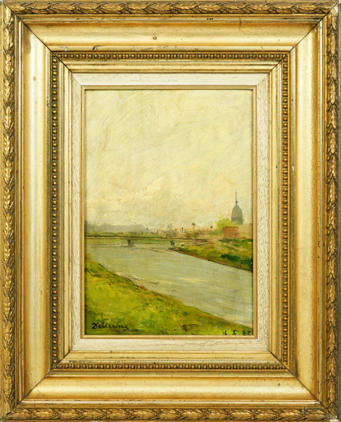 Paesaggio fluviale, olio su tavoletta, firmato in basso a sinistra, cm 33x22,8 (entro cornice)