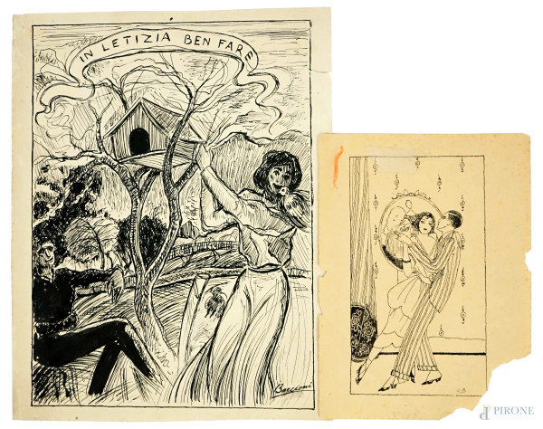 Lotto di due disegni "In letizia ben fare-omaggio a Boccioni" e "Ballerini",  inchiostro su carta, misure max cm 30,5x24, (difetti)