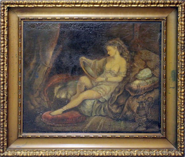 Interno con fanciulla, olio su tela, cm. 63x77, XIX secolo, entro cornice.