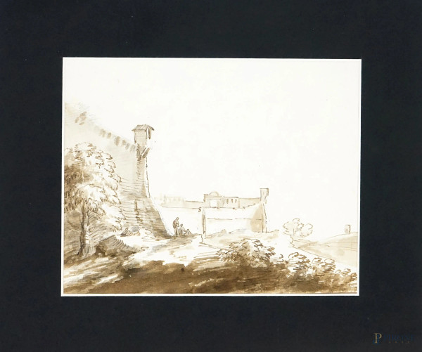 Giovanni Battista  Busiri - Fortezza Medicea di Siena, inchiostro bruno su carta, cm 17x22,5