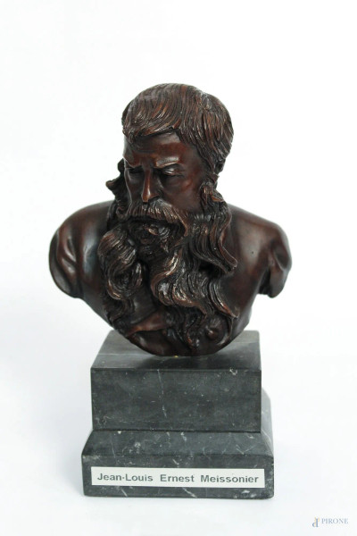 Jean Louis Ernest Meissonier, busto in bronzo con base in marmo, firmato V. Gemito, H 16 cm.