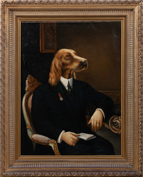 Setter irlandese, XX secolo, olio su tela, cm 100x73, entro cornice, (segni di usura, ondulazioni della tela)