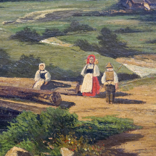 Paesaggio montano con torrente, olio su tela, fine XIX secolo, cm 30,5x52, entro cornice