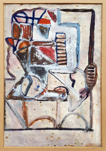 Composizione futurista, 1954, tempera su carta, opera del secondo futurismo realizzata da Sebastiano Carta (1913-1973) nel periodo in cui faceva parte del gruppo LA CASA ROSSA da lui fondato, cui aderirono Antonio Marasco, Enrico Accatino e Roberto Melli, cm 30x20, firmato e datato in basso a destra, con cornice