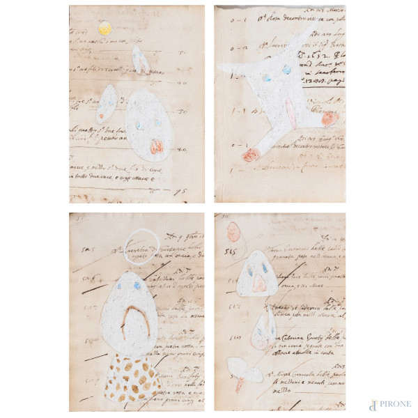 Franco Villoresi - Lotto di quattro disegni a tecnica mista su carta manoscritta, misure massime cm 20,5x14,5, (segni di usura, tracce di umidità, difetti)
