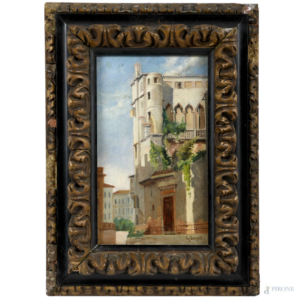 Scorcio di edificio, XX secolo, olio su compensato, cm 25,5x15,5 firmato in basso a destra, siglato in alto a destra, entro cornice, (lievi abrasioni, piccola fessurazione)
