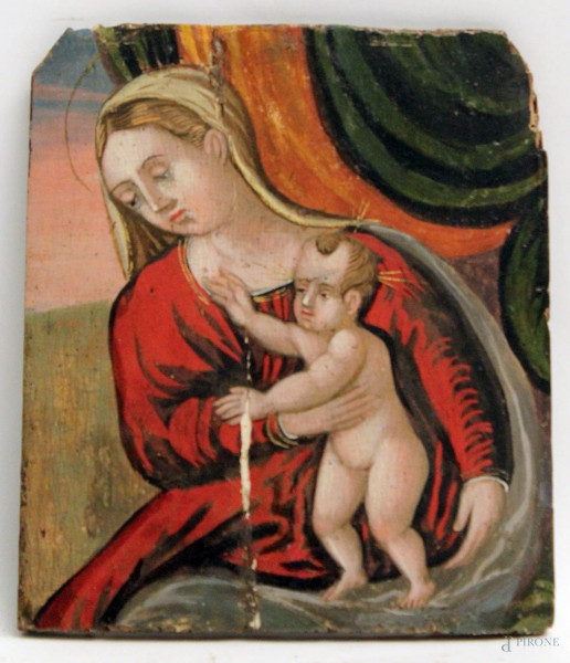 Madonna col bambino, scuola veneto -cretese del XVI sec., tempera su tavola, cm. 18x15,5.