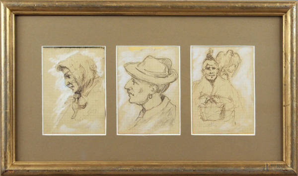 Lotto composto da tre bozzetti di ritratti, disegni a china su carta 13,5x10 cm, firmati, entro unica cornice.