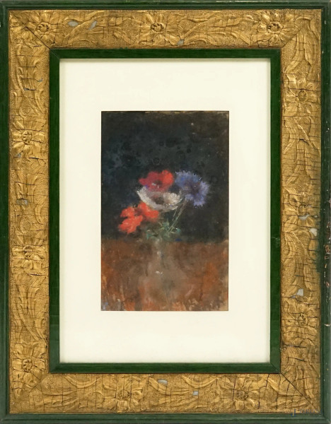 Vaso con fiori, tecnica mista su catoncino, siglato, cm 29x18, entro cornice
