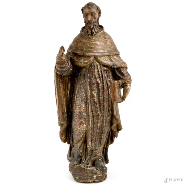 Scultura in legno dipinto e dorato raffigurante Santo, XVIII secolo, altezza cm 77, (cadute di colore, fessurazioni, rotture e mancanze)