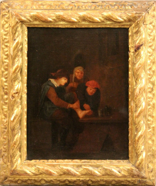 Pittore fiammingo del XVIII secolo, il Medicamento, olio su tela, cm. 29x22, entro cornice.
