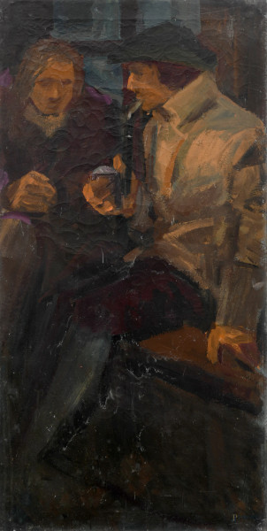 Edoardo Krumm (1916-1993), Uomo con pipa, tecnica mista su tela, cm 120x60, firmato al retro