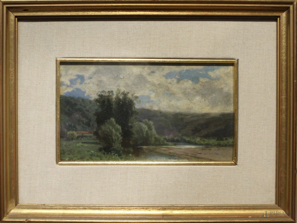 Paesaggio fluviale, olio su tavola firmato, XIX sec., cm 12,5 x 21,5, entro cornice.