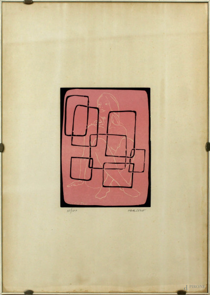 Aureliano Del Sette - Nudo di donna, multiplo su carta, cm 49x34, esemplare 15/100, entro cornice
