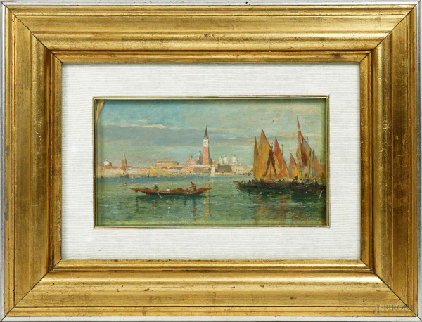 L'Isola di San Giorgio, olio su cartone, cm 15x24, inizi XX secolo, entro cornice