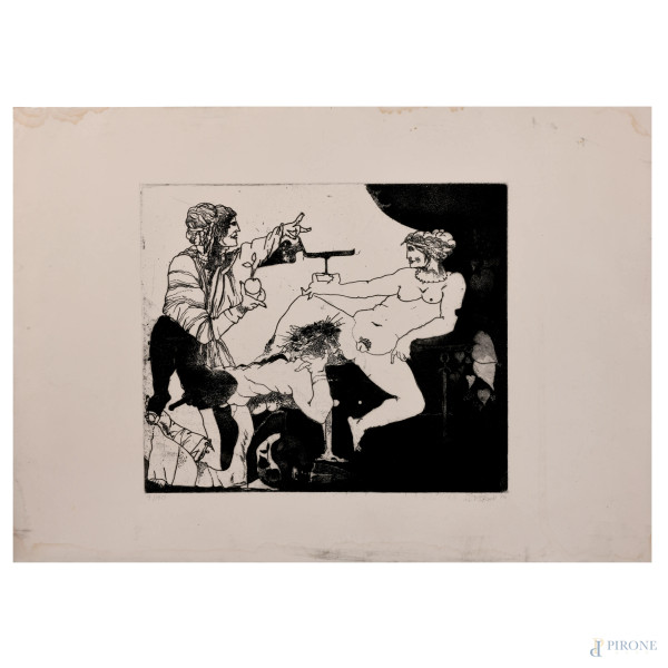 Lotto di sei incisioni erotiche, XX secolo, cm 70x50, firmato in basso, varie tirature (segni di umidità, gore, foxing, strappi, piegatura, usura)