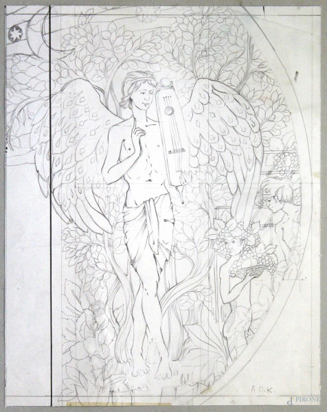 Figure, disegno a matita su carta siglato A.D.R., cm 50 x 40.