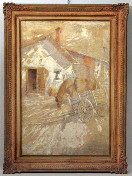 Esterno di cascina con carro e cavalli, olio su tela, 106x70 cm, entro cornice