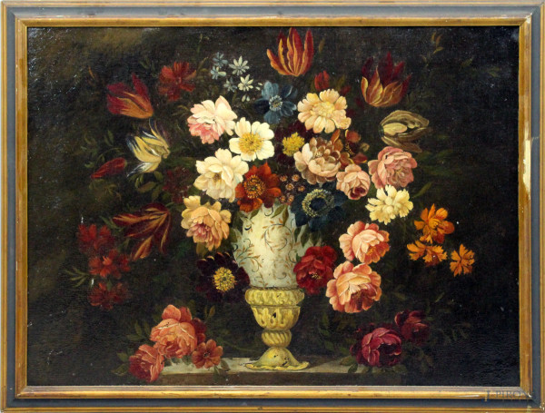 Pittore del XIX secolo, Natura morta, olio su tela applicata su cartone, cm 64x87,5, entro cornice.